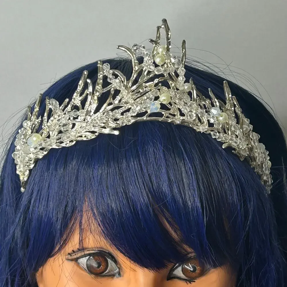 Silver Woodland Fairy Tiara Crystal Beaded Pearl Branch Crown Fantasy Costume